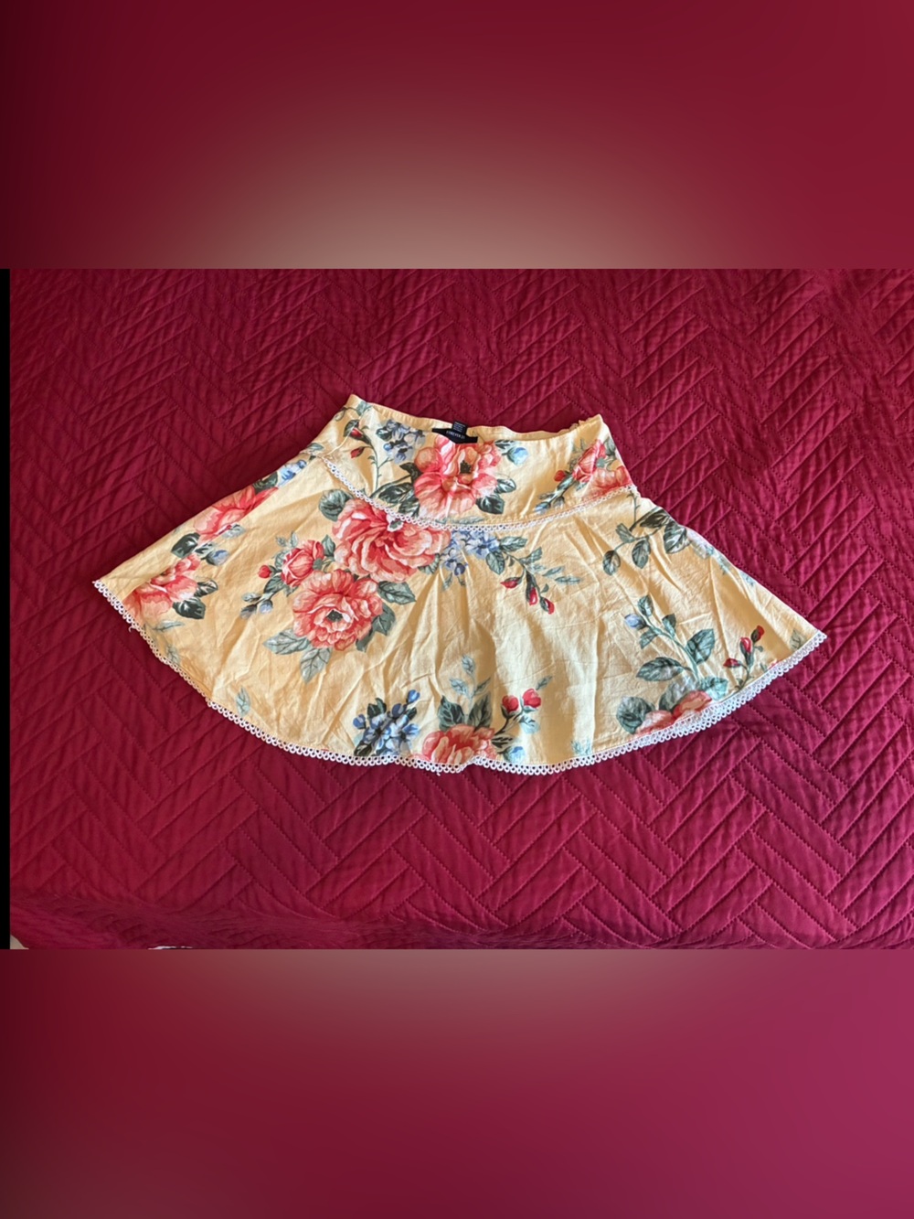 Floral Yellow Lace-Trim Mini Skirt